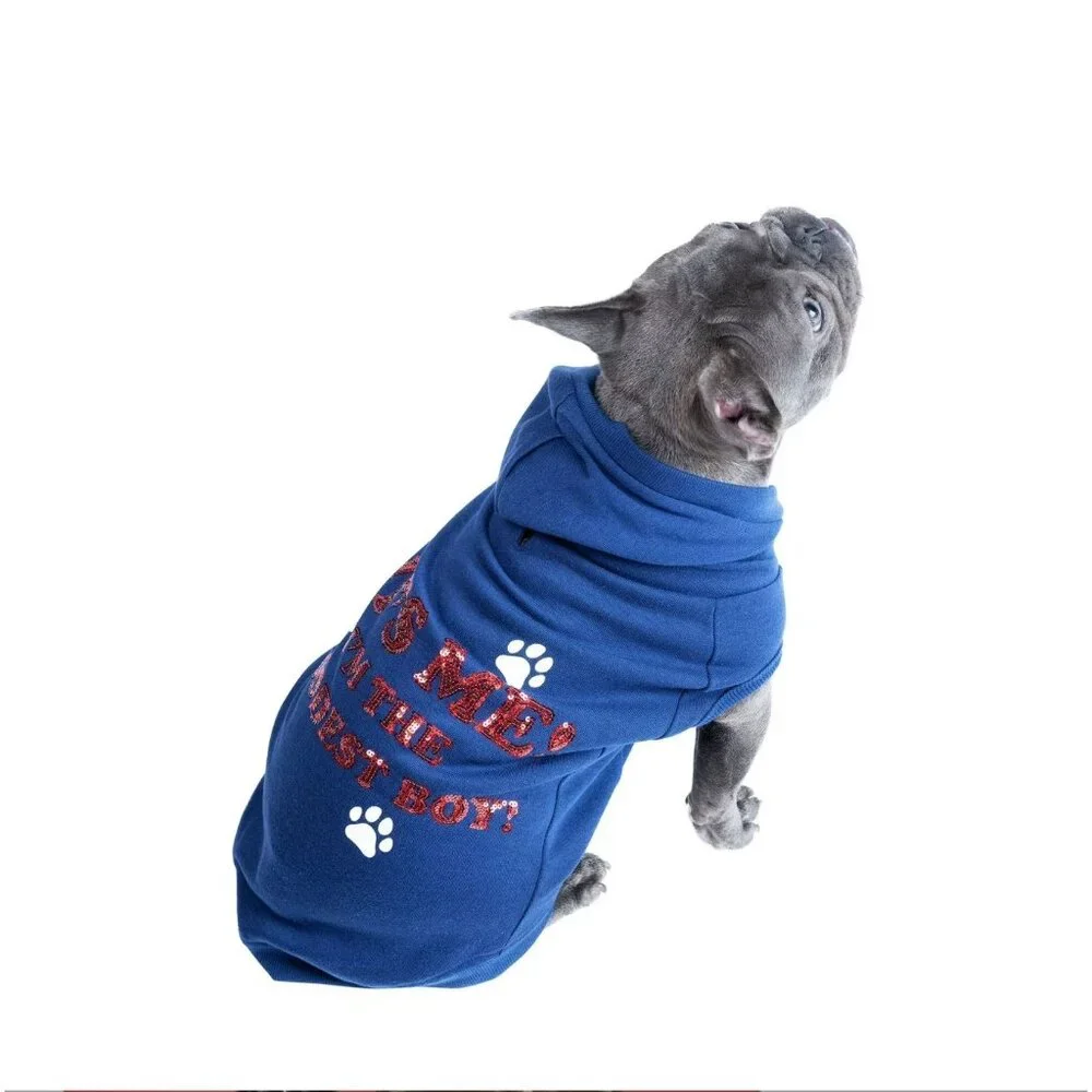 NEW Jolly Knits Navy Dog Hoodie XXL Its Me Im The Goodest Boy Red Sequin Print